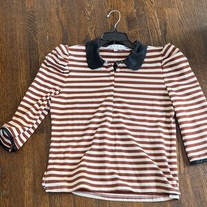 Striped Brown & White Polo Top with Black Collar